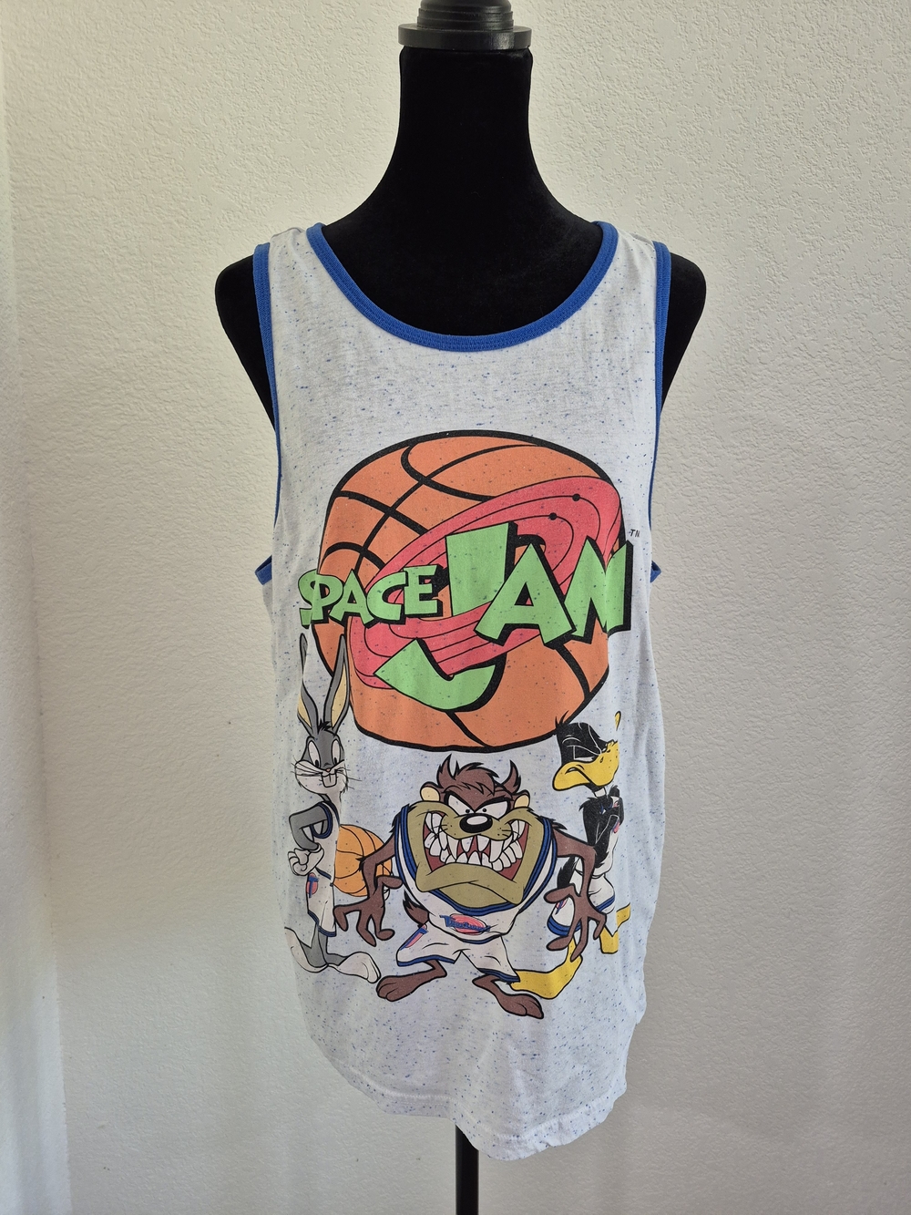 Space Jam White Speckled Tank with Blue Trim and Graphic